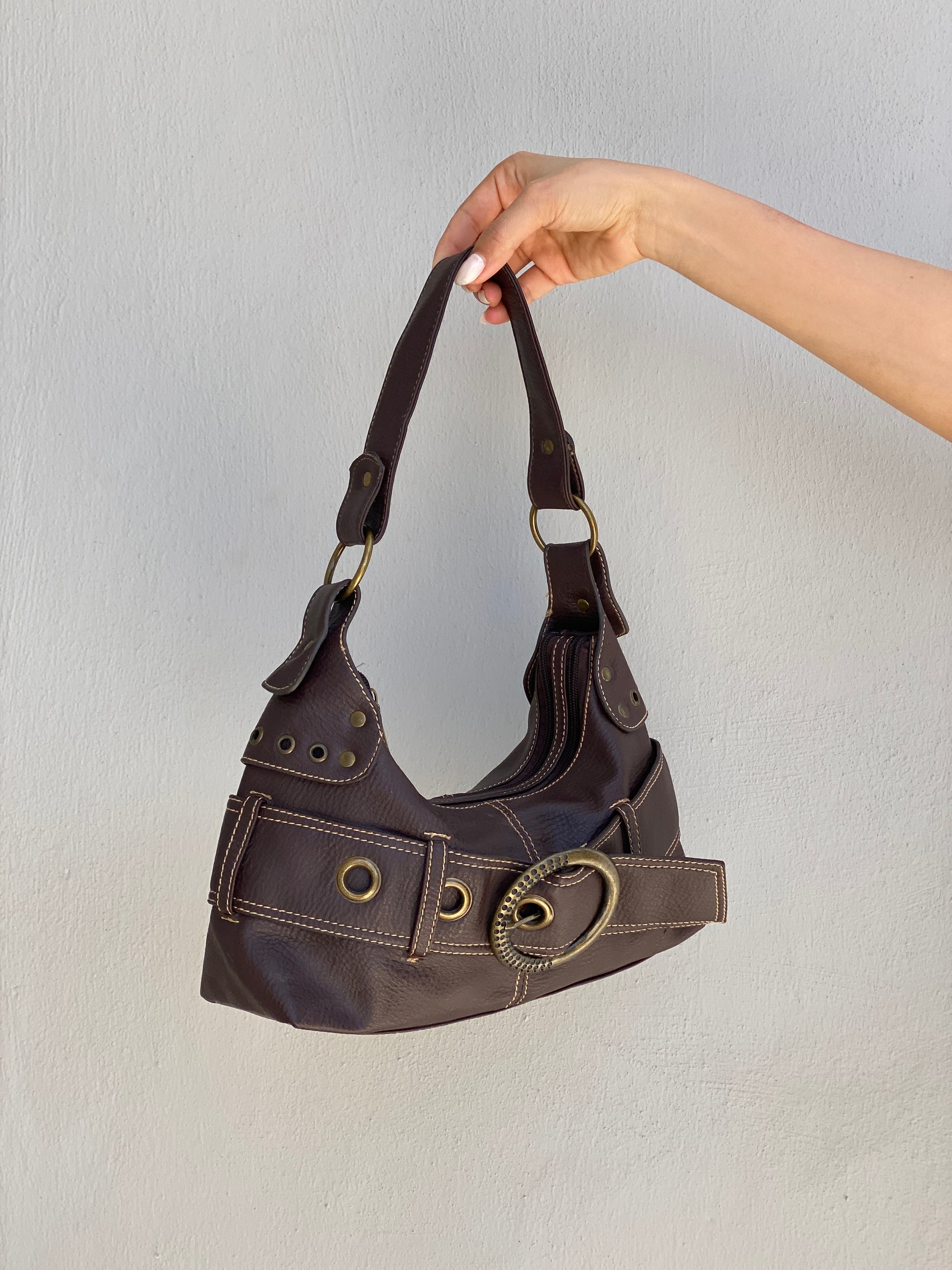 Vintage Y2K Brown Leather Purse Belt Detail Shoulder Bag Vintage Y2K Brown Leather Purse Belt Detail Shoulder Bag