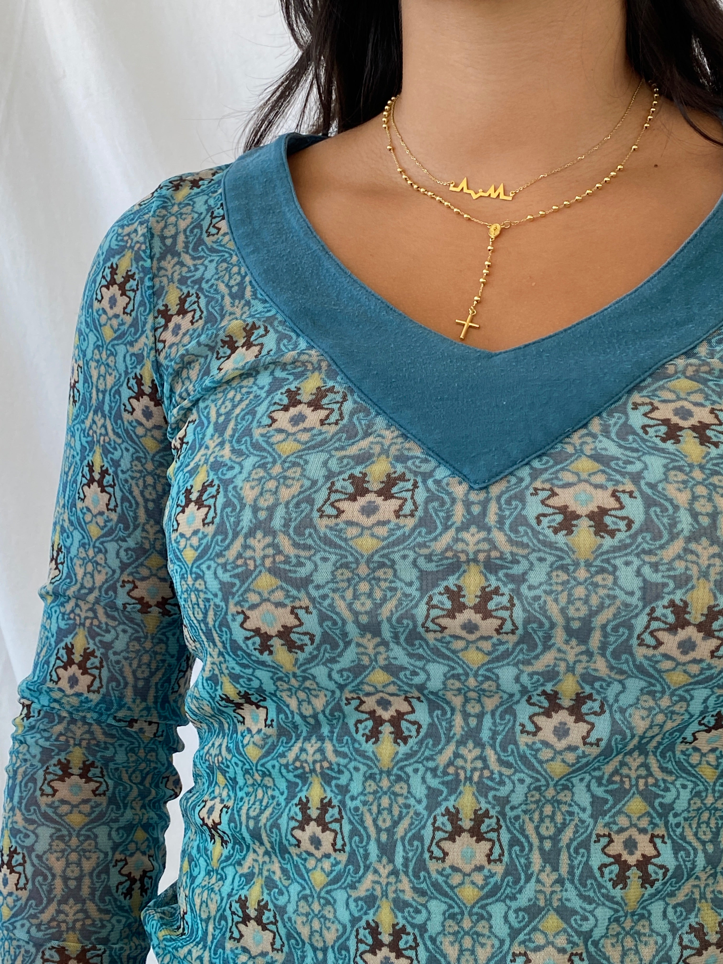 Y2K Mexx Blue Full-Sleeve Printed Mesh Top - S