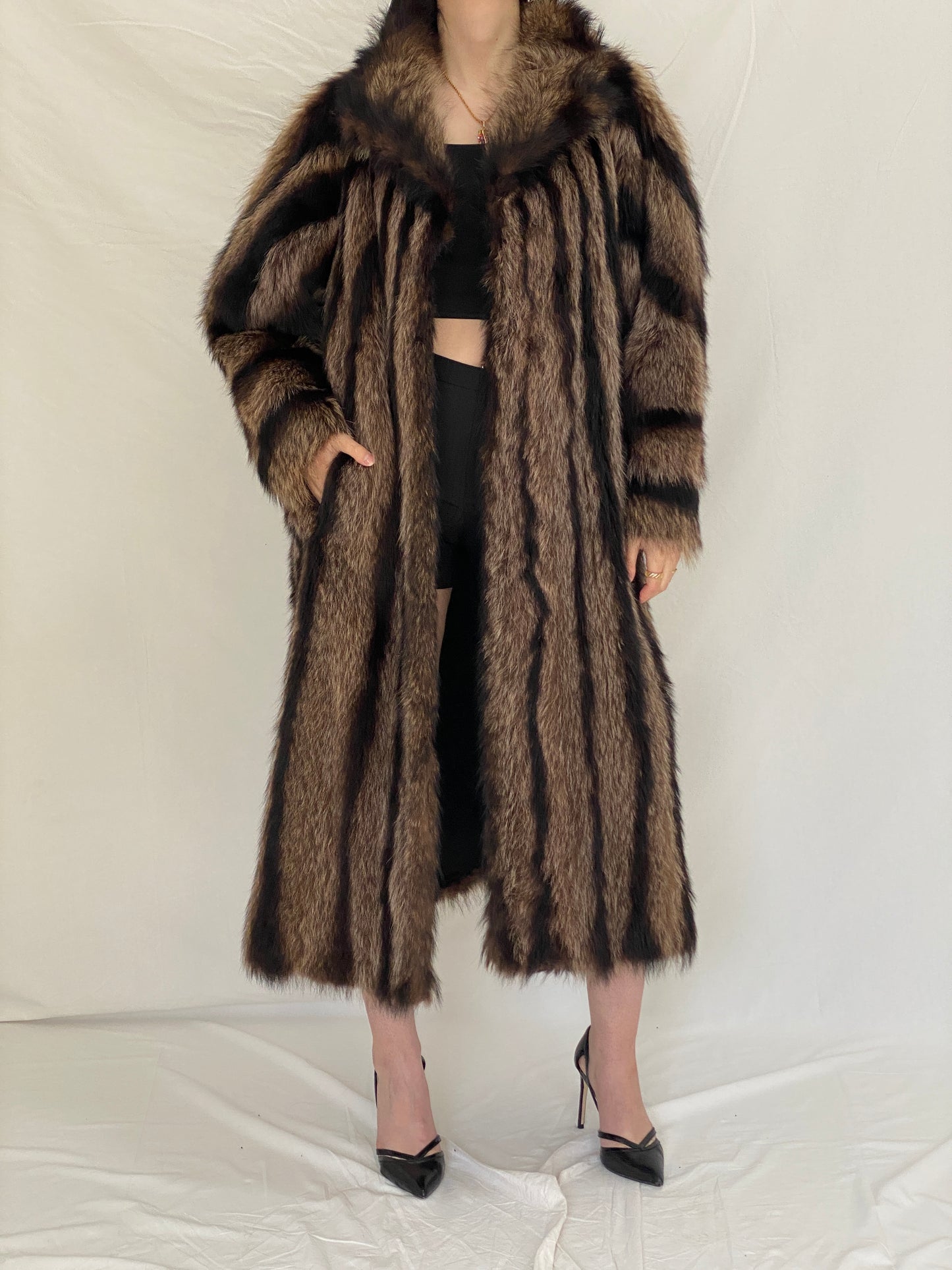 Vintage Handmade Real Raccoon Fur Brown Long Coat Luxury Statement Coat - L