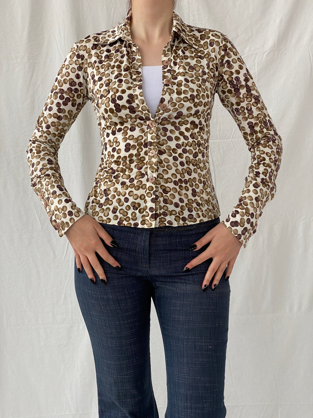 Vintage B&Z Fashion Tennis Ball Graphic Buttoned Women’s Long Sleeve Shirt - S