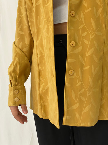 Vintage Vunic Mustard Yellow Leaf Print Blouse Long Sleeve Button Up Golden Hour Style Shirt - XL