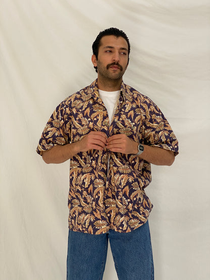 Vintage Pierre Cardin Tropical Leaf Print Hawaiian Shirt Cotton Resort Shirt - L