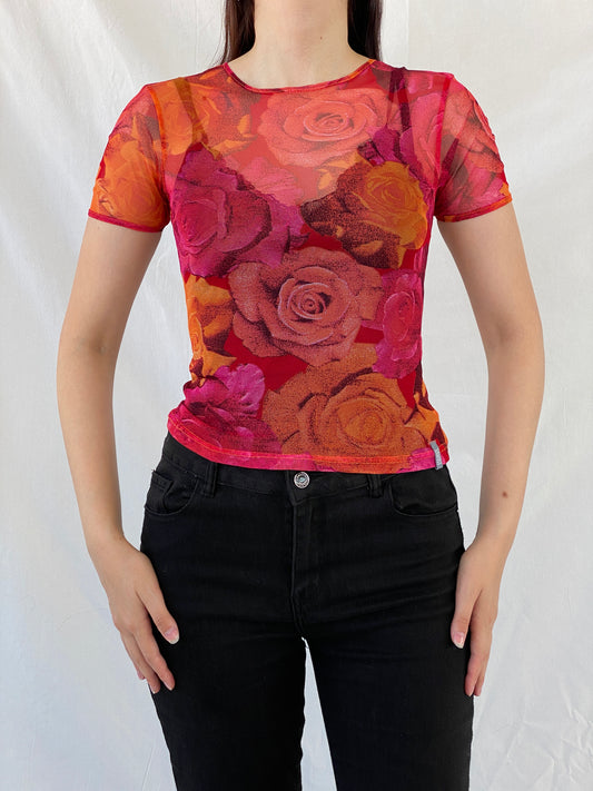 Vintage 90s Teddy Smith Orange Pink Floral Short Sleeve Mesh Top - M