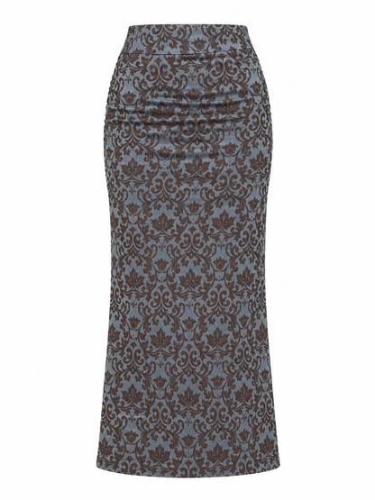 Vintage 90s Karen Millen Metallic Blue Grey Floral Jacquard Maxi Skirt – M