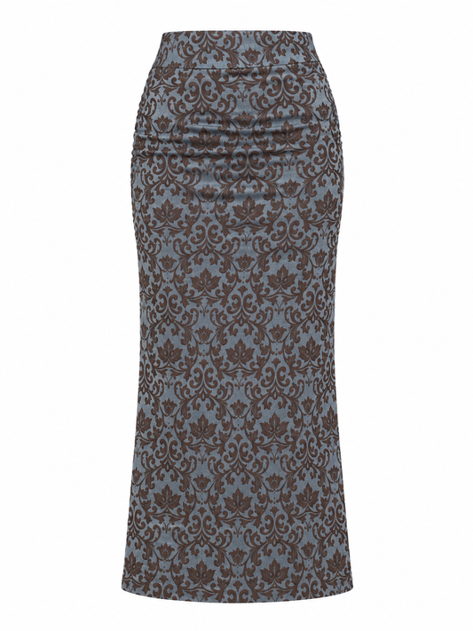 Vintage 90s Karen Millen Metallic Blue Grey Floral Jacquard Maxi Skirt – M