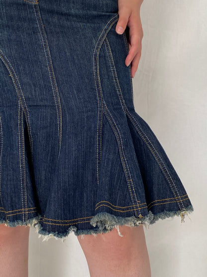 Y2K Jennyfer Dark Wash Ruffle Hem Denim Low Rise Flared Midi Skirt – S