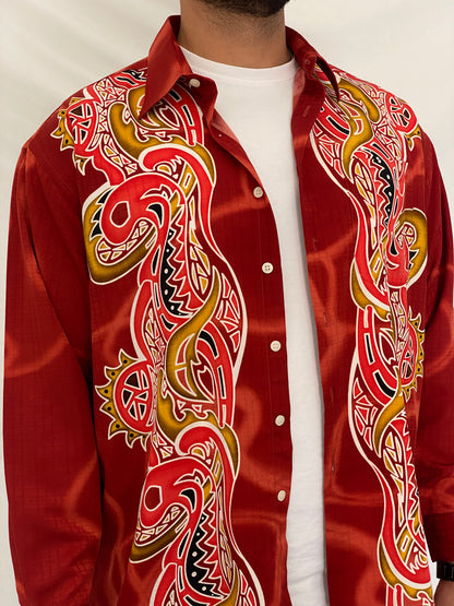 Y2K Drapper Club Tribal Dragon Red Long Sleeve Button-Up Shirt – XL