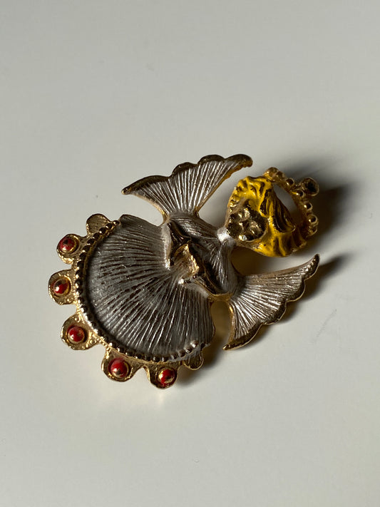 Vintage Gold-Tone Enamel Angel Brooch Red Rhinestone Retro Jewelry Pin