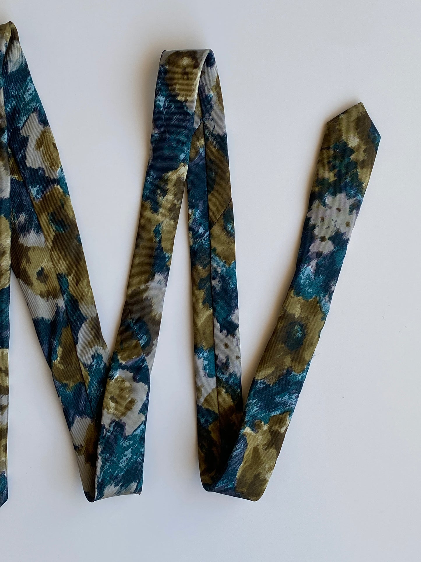 Vintage 1990s Peter von Holland Teal Olive 100% Silk Abstract Floral Necktie