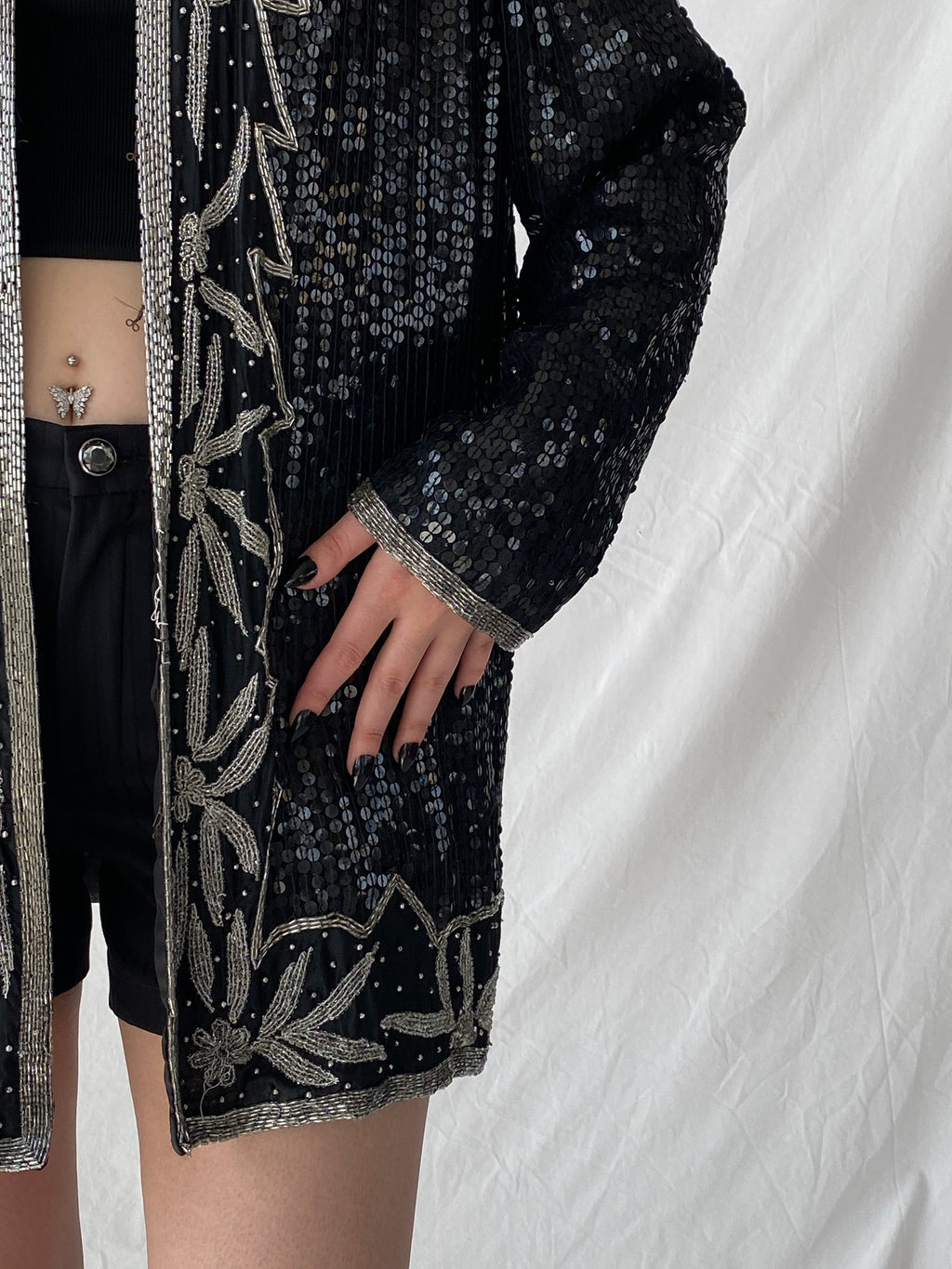 Vintage 80s Midnight Run Black Silver Sequin Beaded Silk Blazer Sparkle Party Jacket - XL