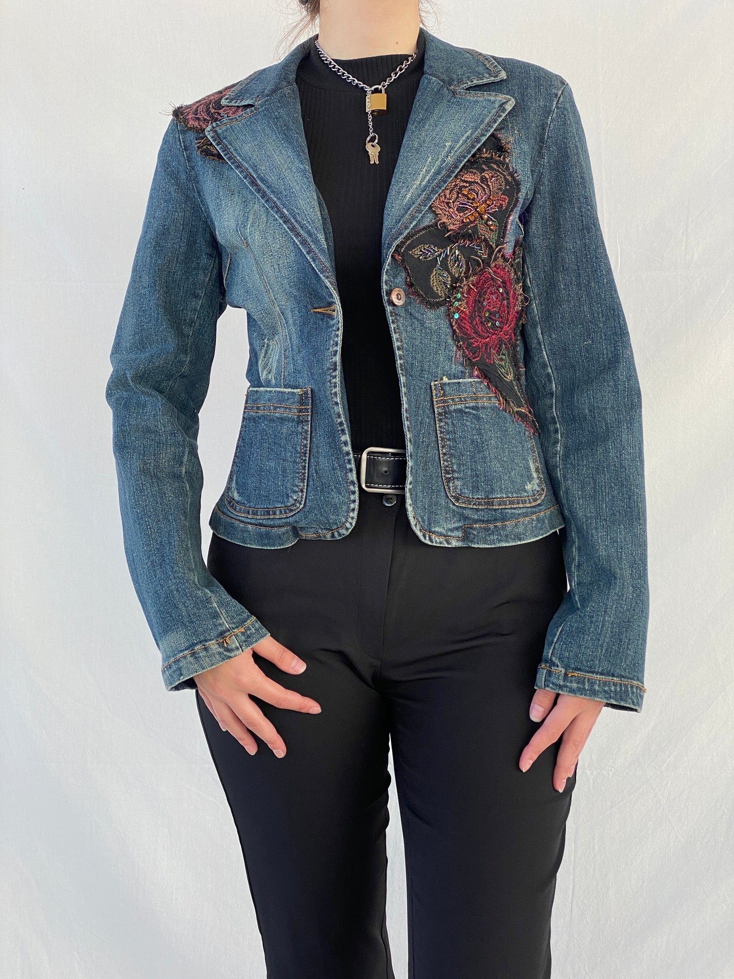 Y2K Zebra Jeans Flowers Patched Embellished Denim Blazer - M