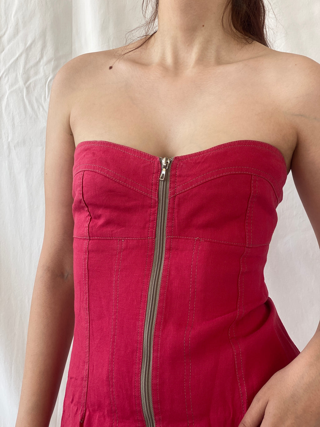 Vintage French Archival Femmes Je Vous Red Zip Up Bodycon Mini Linen Dress - S