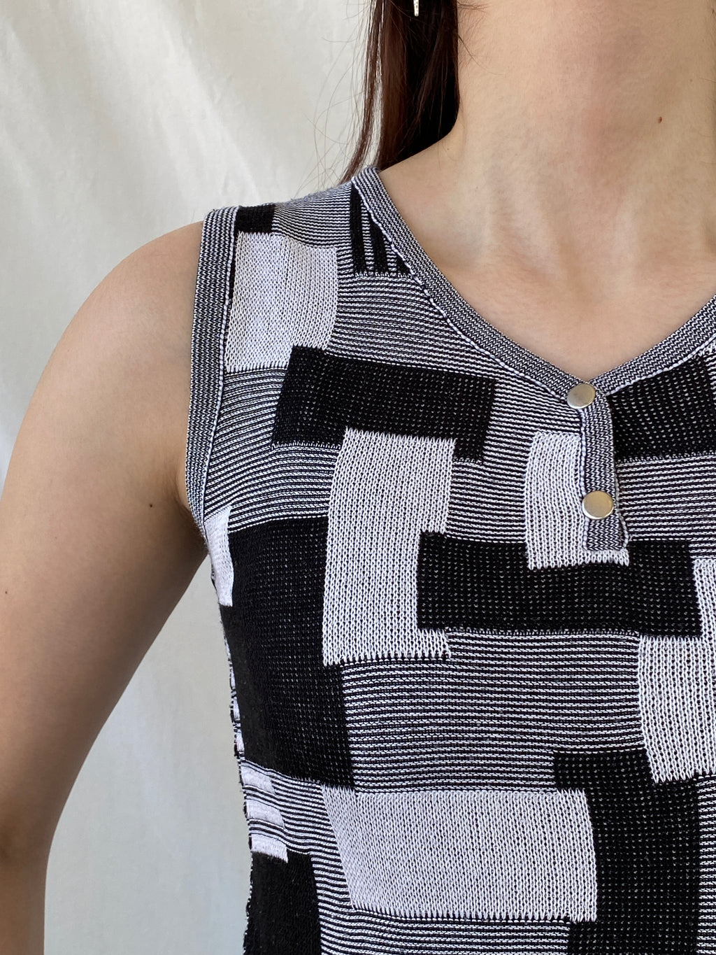 Vintage Nisan Triko Black White Geometric Knitted Cotton Tank Top - S