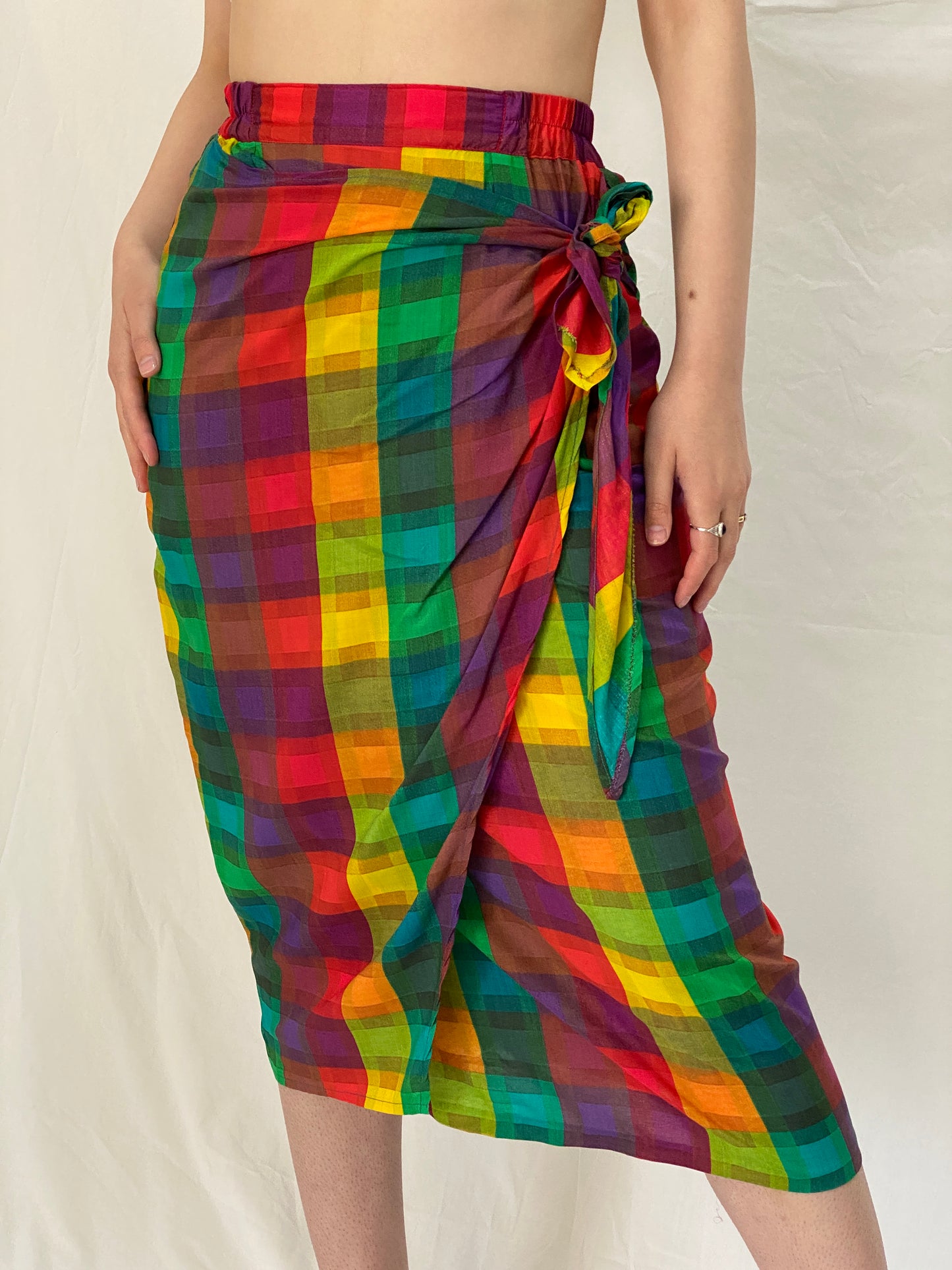 Vintage Y2K Handmade Rainbow Plaid Wrap Midi Skirt - S