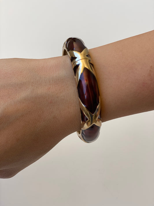 Vintage Tortoiseshell Lucite & Gold Tone Hinged Bangle Bracelet 90s Resin Statement Cuff