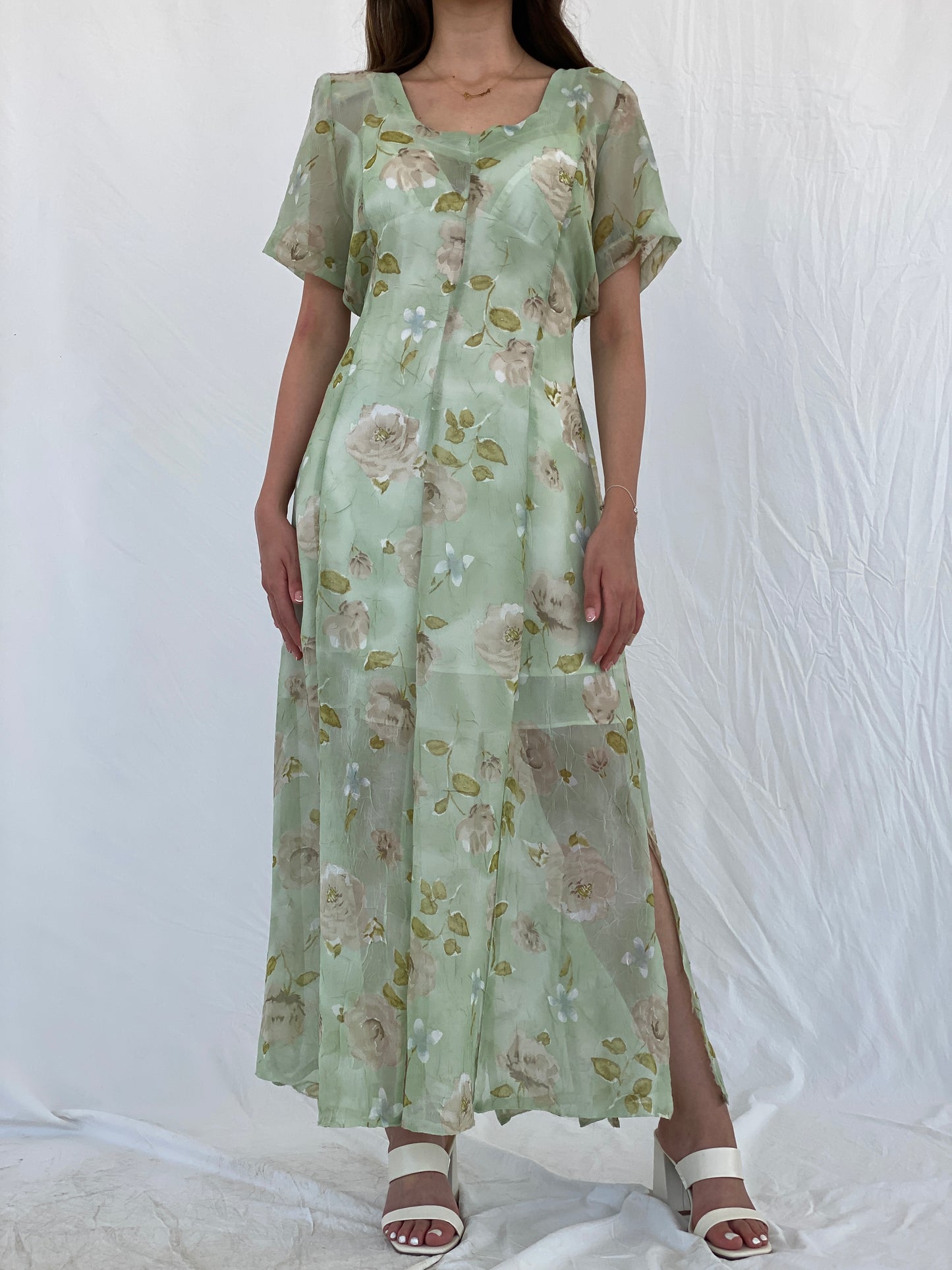 Vintage Handmade Mint Green Sheer Floral Print Maxi Dress - M