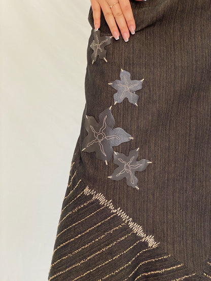 Vintage ISHWAR Brown Patchwork Midi Floral Embroidered Boho Skirt - XL