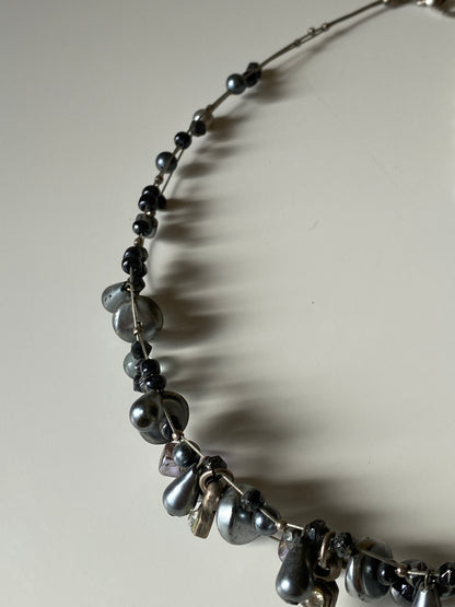Vintage Black & Grey Pearl Beaded Necklace with Crystal Accents