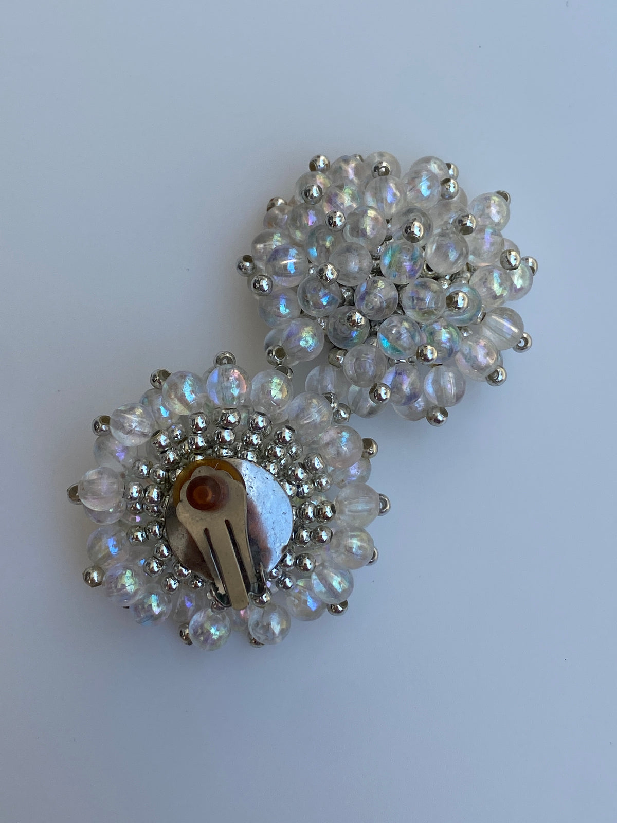 Vintage 1980s Iridescent Beaded Cluster Clip-On Silver Tone Earrings Vintage 1980s Iridescent Beaded Cluster Clip-On Silver Tone Earrings