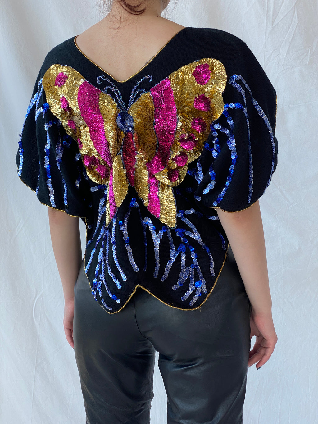 Vintage Y2K Alzouhour Sequined Butterfly Black Top - M