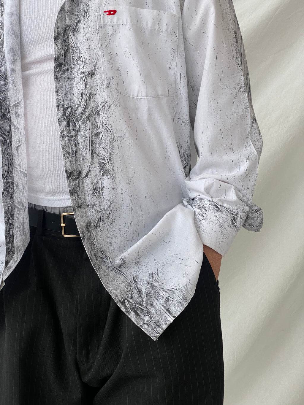 قميص جينز أفانت جارد رجالي بأكمام طويلة وأزرار من ديزل Y2K - مقاس كبير