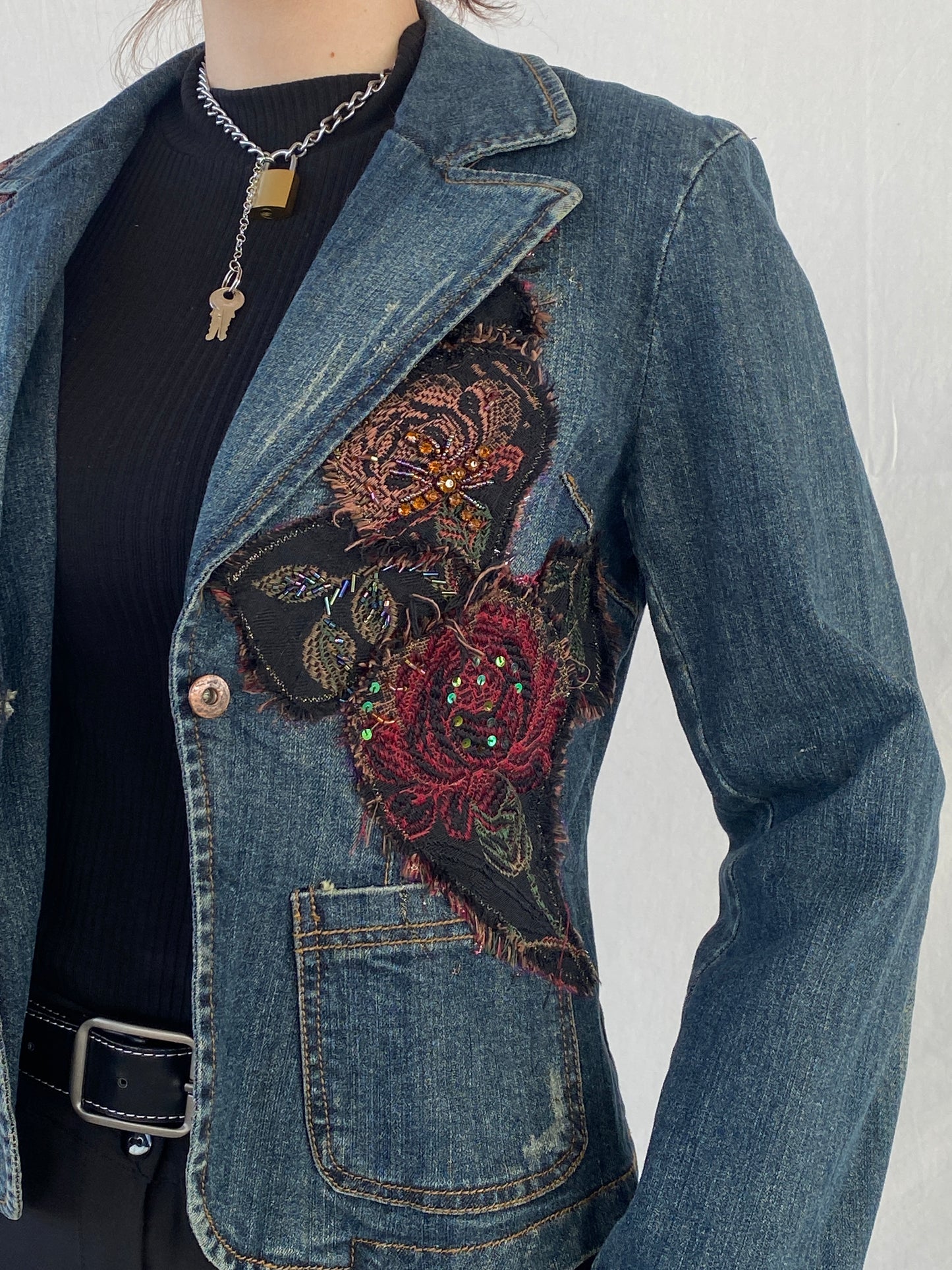 Y2K Zebra Jeans Flowers Patched Embellished Denim Blazer - M