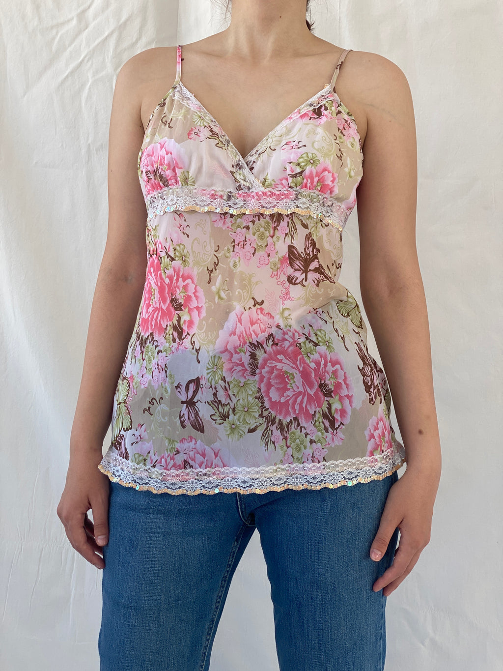 Y2K Amisu Floral Sequined Cami Top With Lace Detailing - M