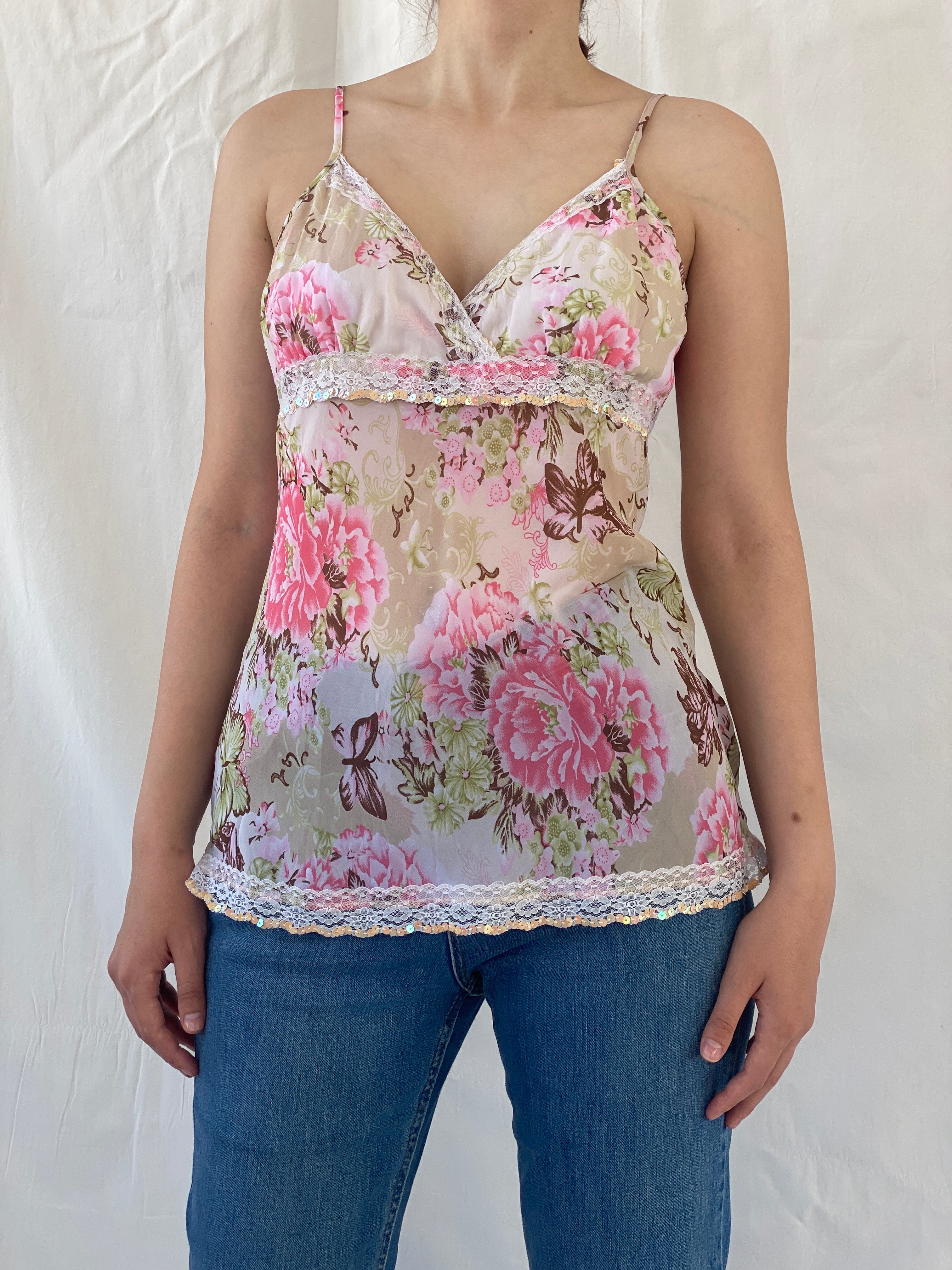 Y2K Amisu Floral Sequined Cami Top With Lace Detailing - M