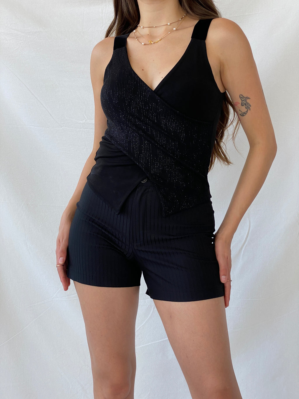 Vintage Y2K BSB Collection Sparkly Black Top With Velvet Straps - S