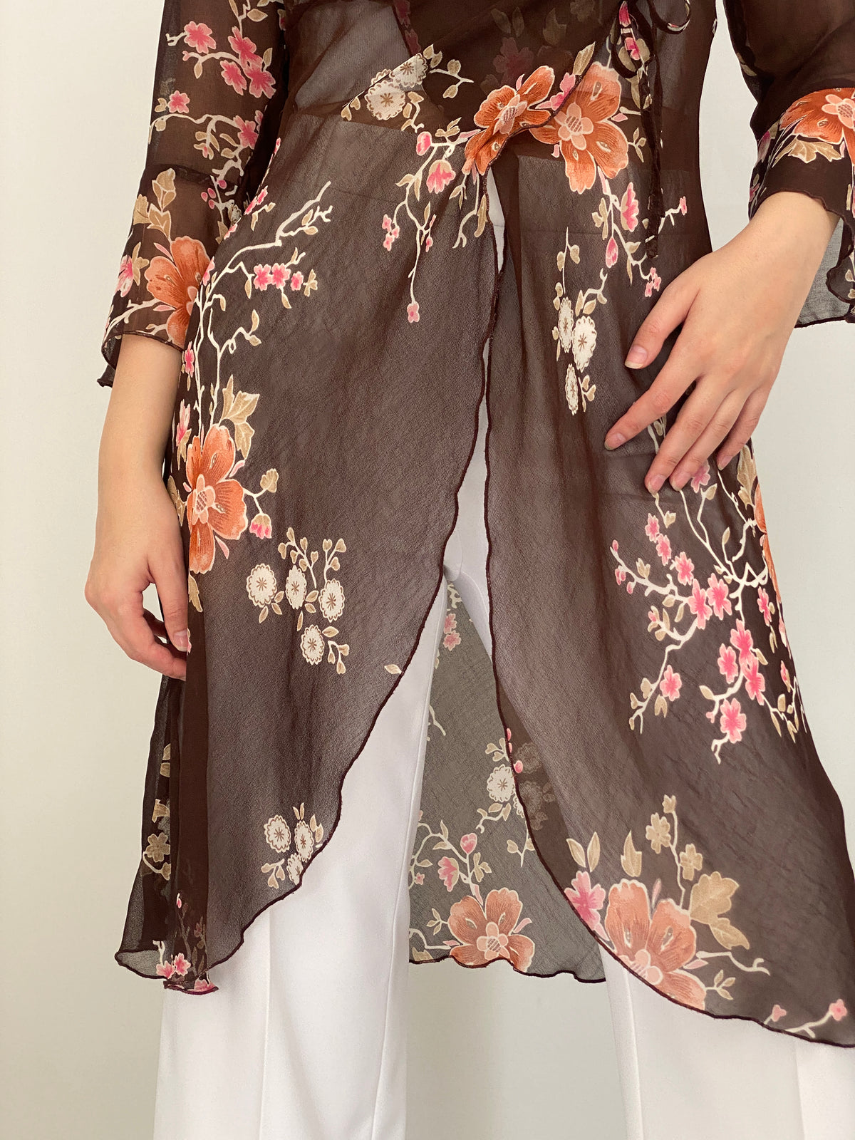 Y2K Une Mode Pour Moi Brown Sheer Floral Wrap Tunic Top – M