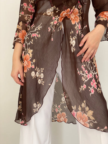 Y2K Une Mode Pour Moi Brown Sheer Floral Wrap Tunic Top – M