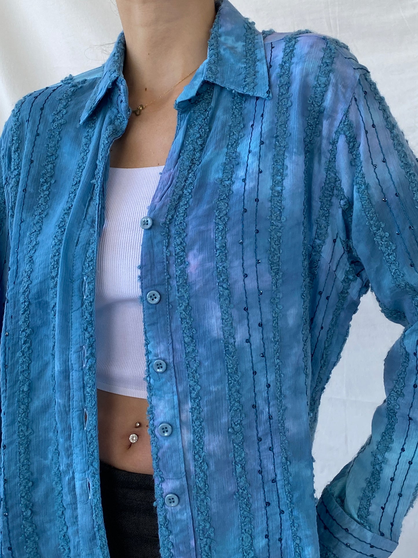 Vintage Tie-Dye Women’s Button Up Blue Sequin Cotton Shirt - M