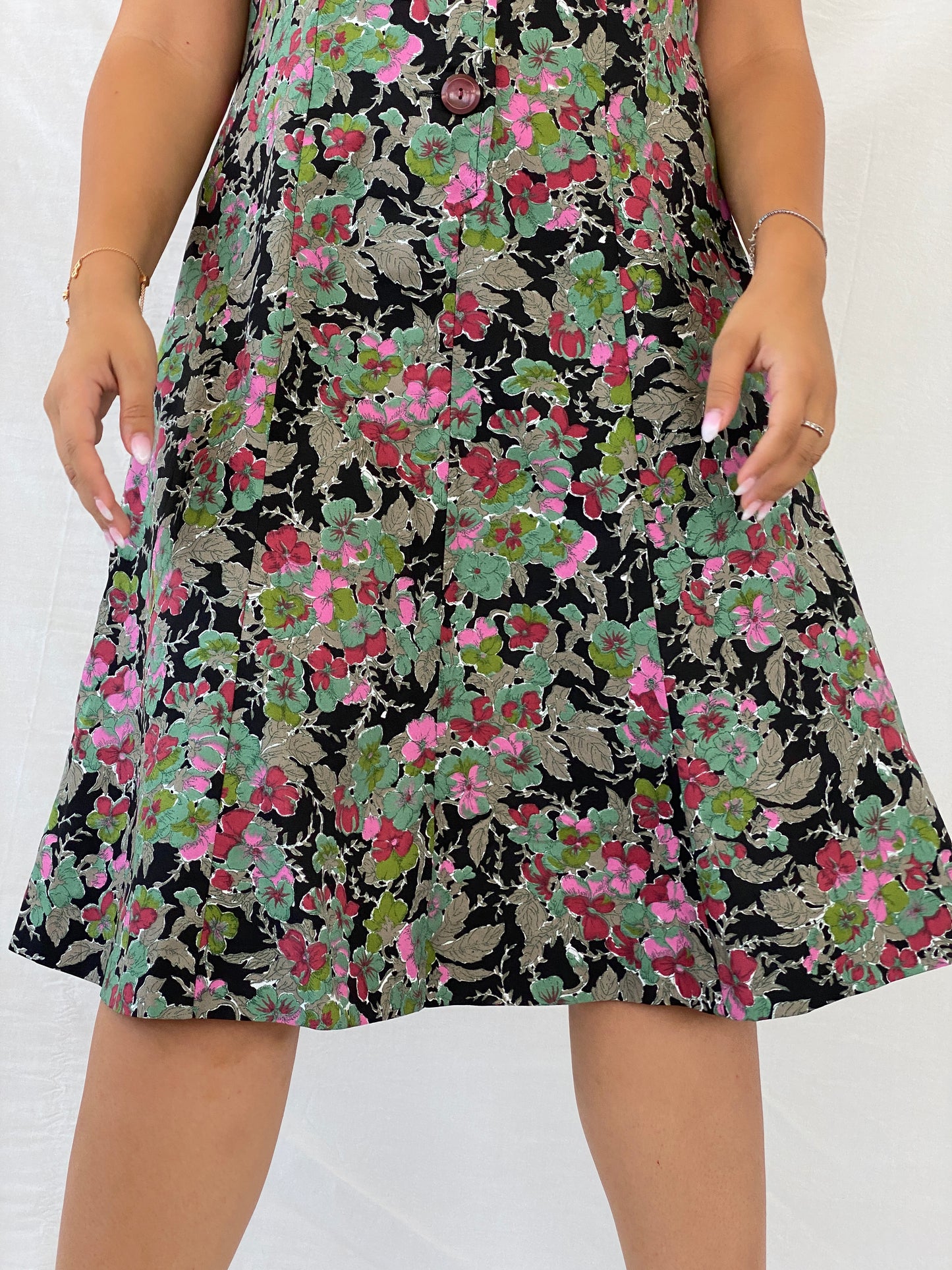 Vintage Handmade Floral Picnic Black and Green Midi Dress - L