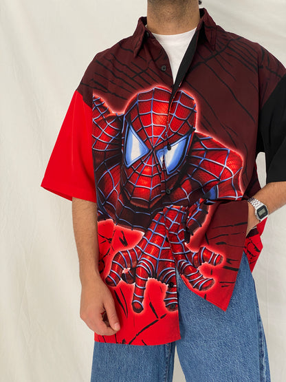 Vintage Y2K Spider-Man Graphic Button Up Red & Black Comic Shirt – L