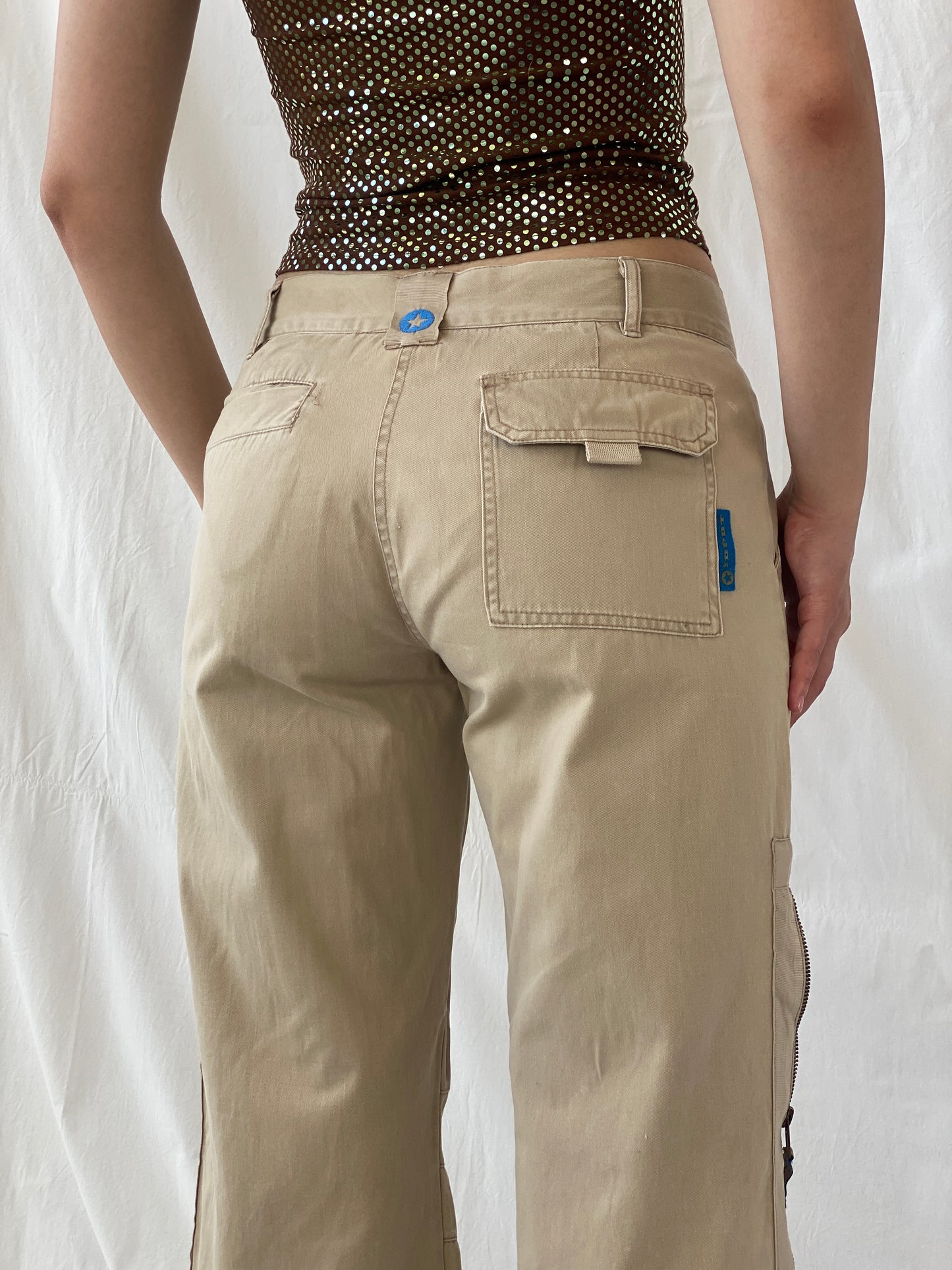 Y2K IDPDT Beige Low Rise Wide Leg Adjustable Length Cargo Pants - M