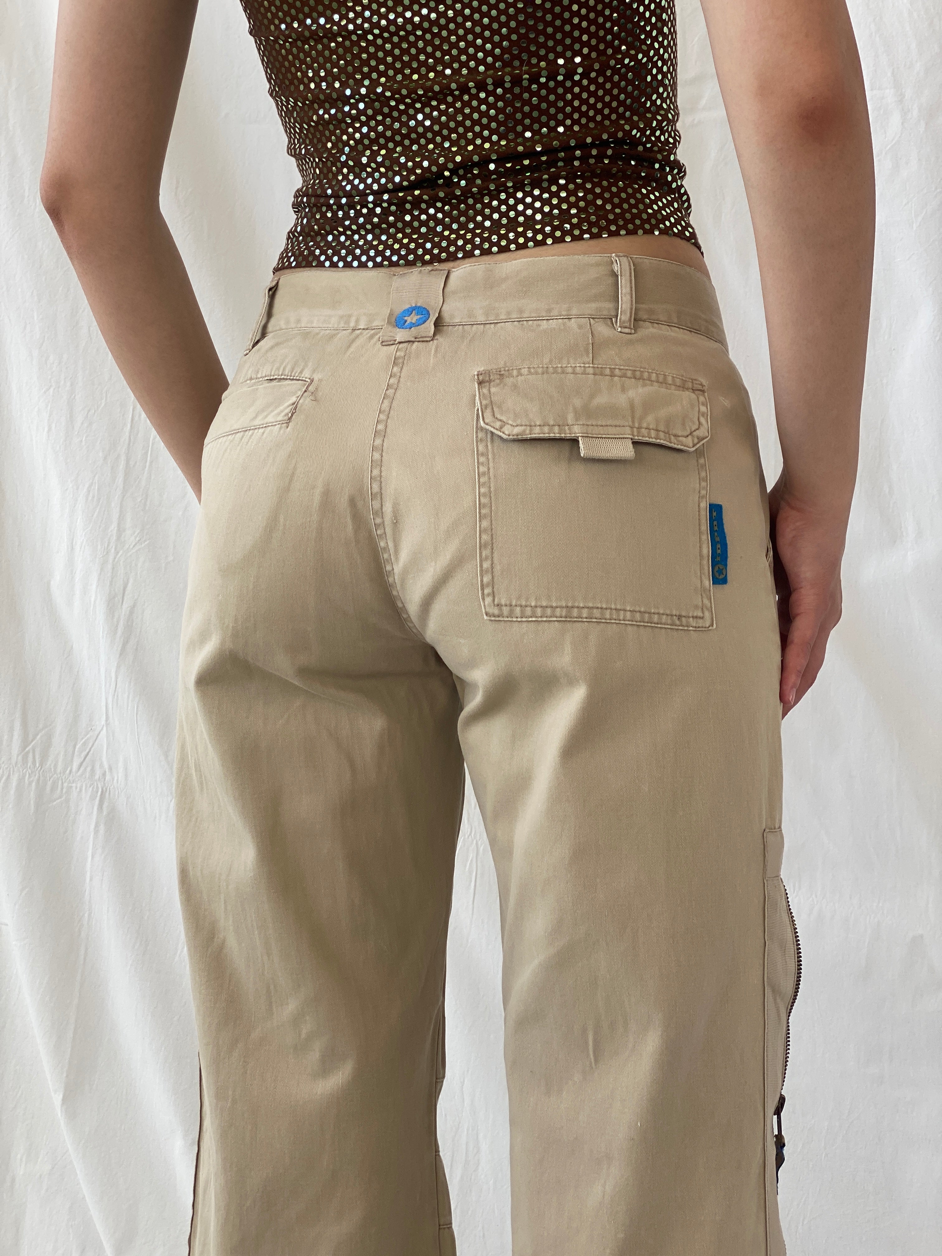 بنطلون كارجو Y2K IDPDT بيج منخفض الخصر وواسع الساق وطول قابل للتعديل - M