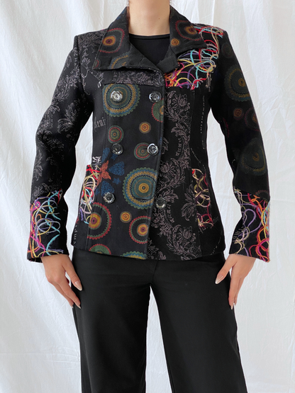 Vintage Boho Embroidered Wool Blend Black Women’s Jacket - M