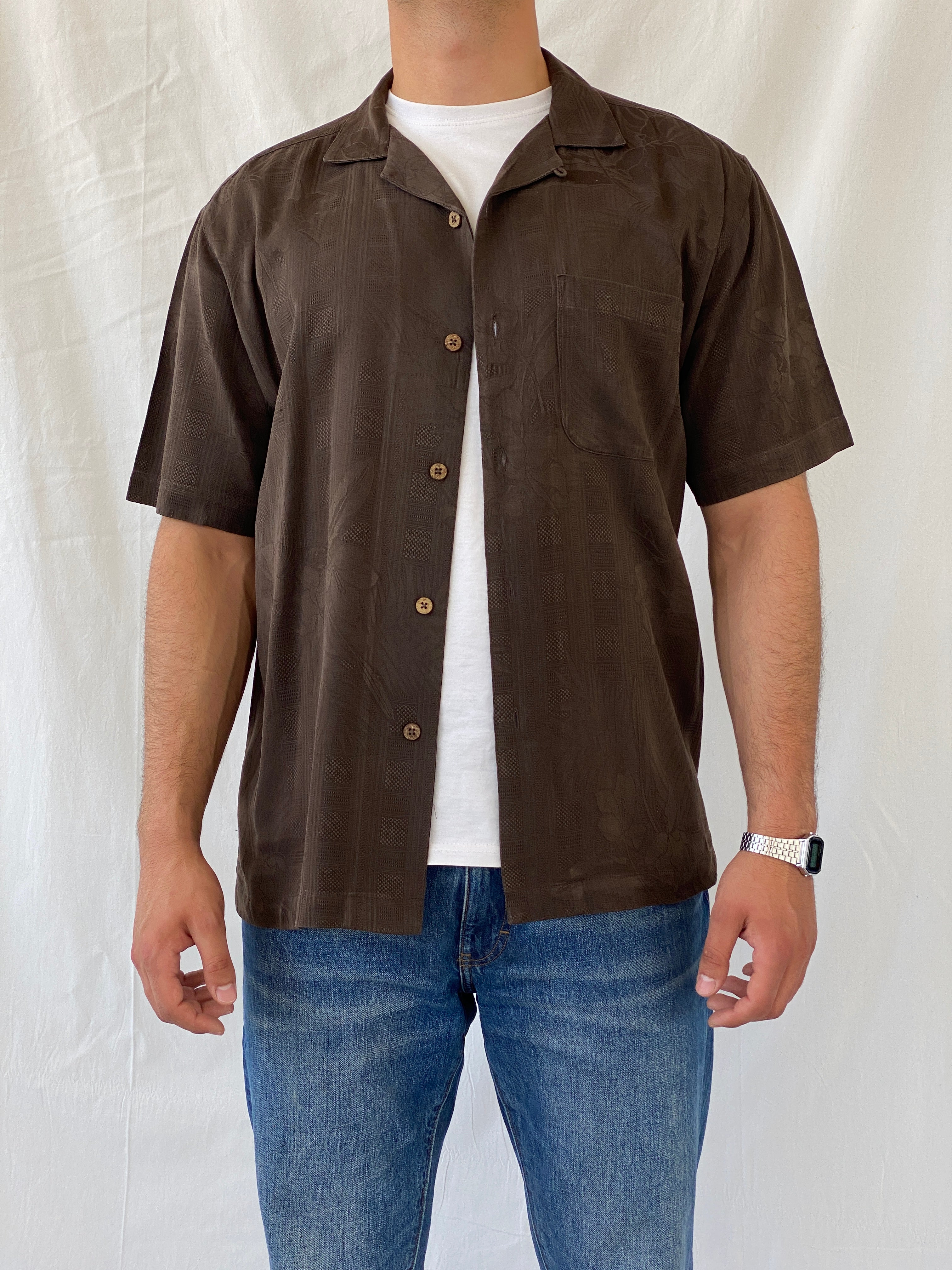 Vintage Gold Tri-Mountain Brown Half Sleeve Button Up Pure Silk Men’s Shirt - M