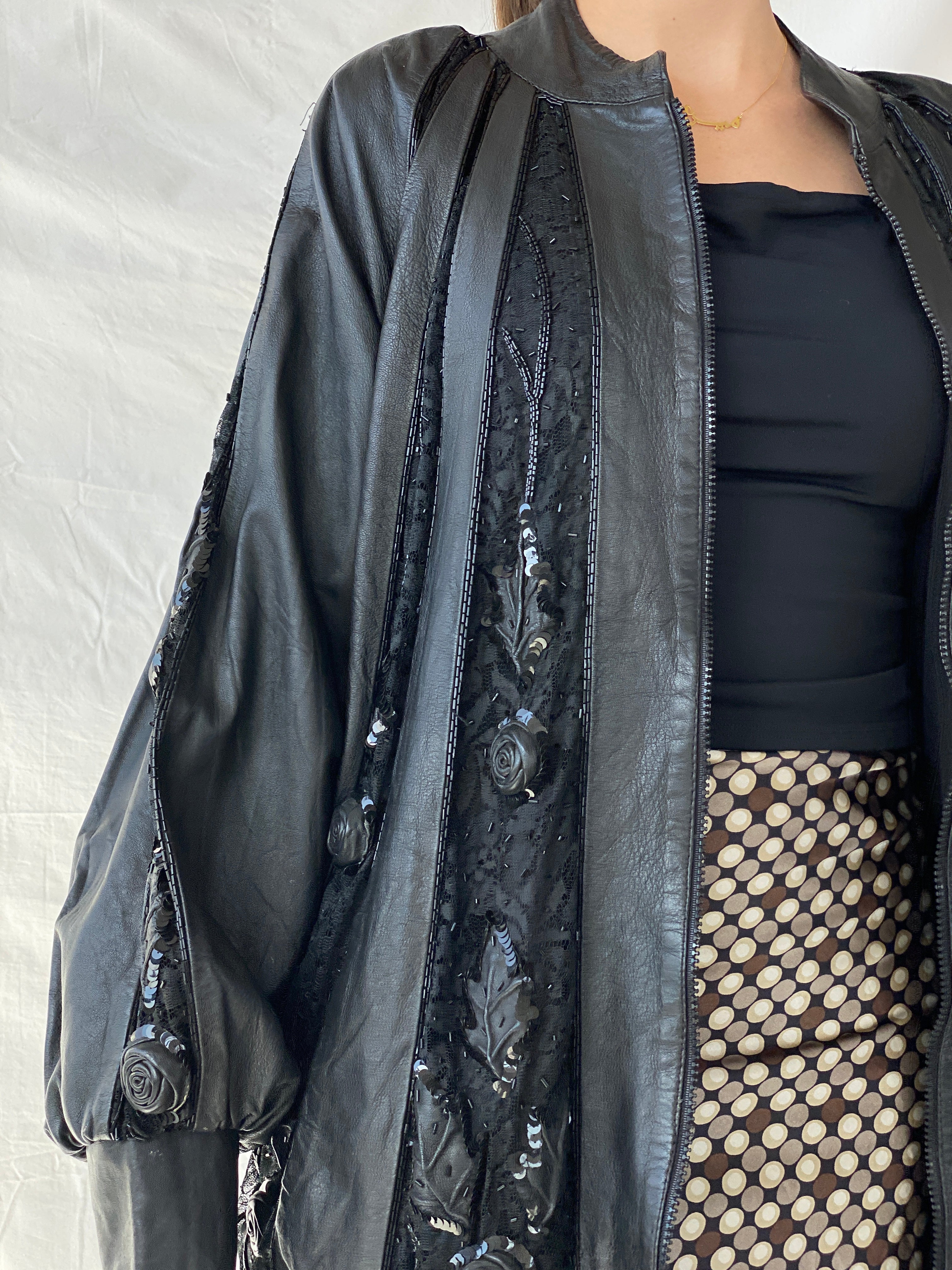 Statement Vintage 80s Black Leather Beaded Bomber Jacket - XL