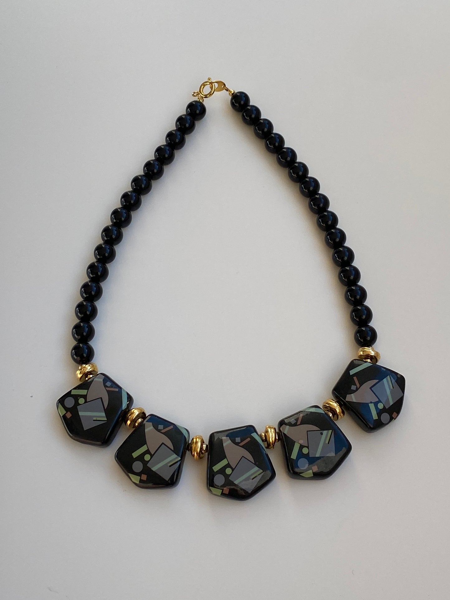 Vintage 1980s Art Deco Revival Black Geometric Beaded Statement Necklace