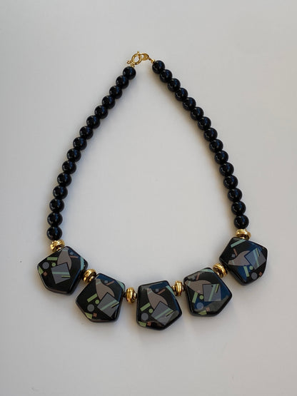 Vintage 1980s Art Deco Revival Black Geometric Beaded Statement Necklace