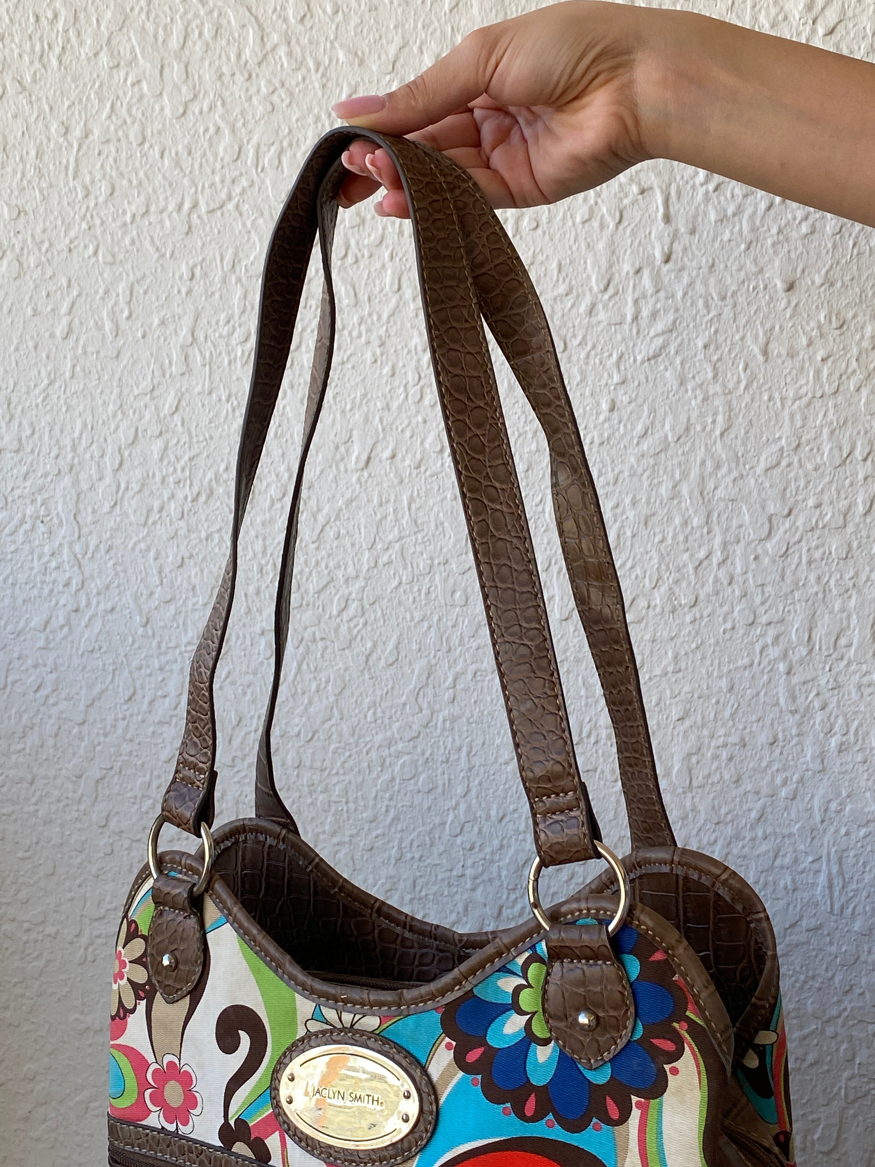 Y2K Jaclyn Smith Faux Leather Floral Colorful Shoulder Bag