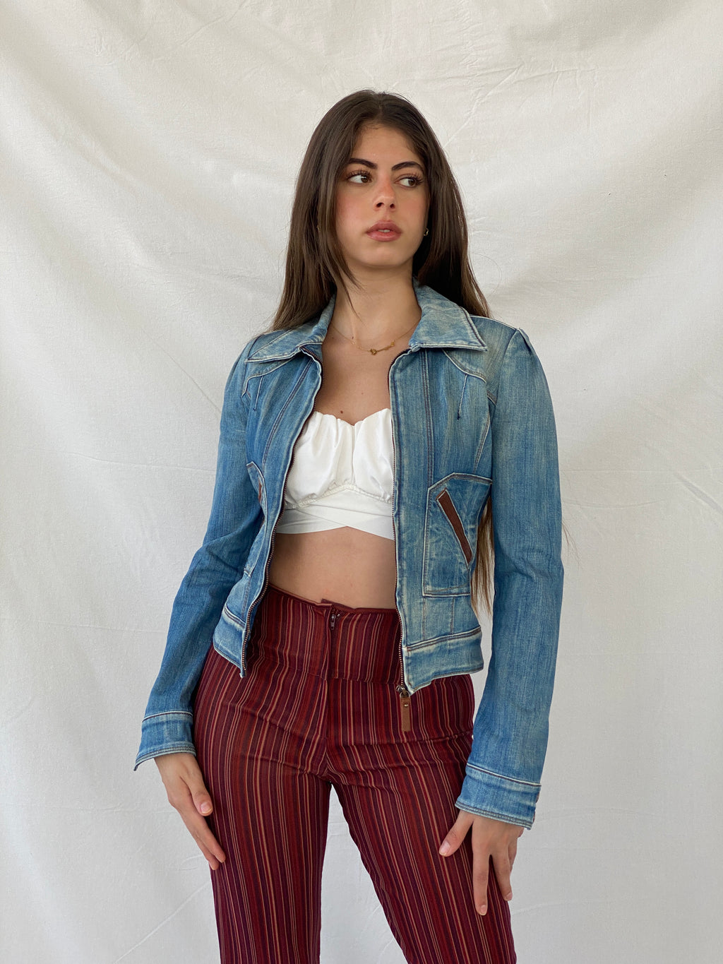 Y2K Miss Sixty Fitted Zip Up Utility Denim Jacket - XS