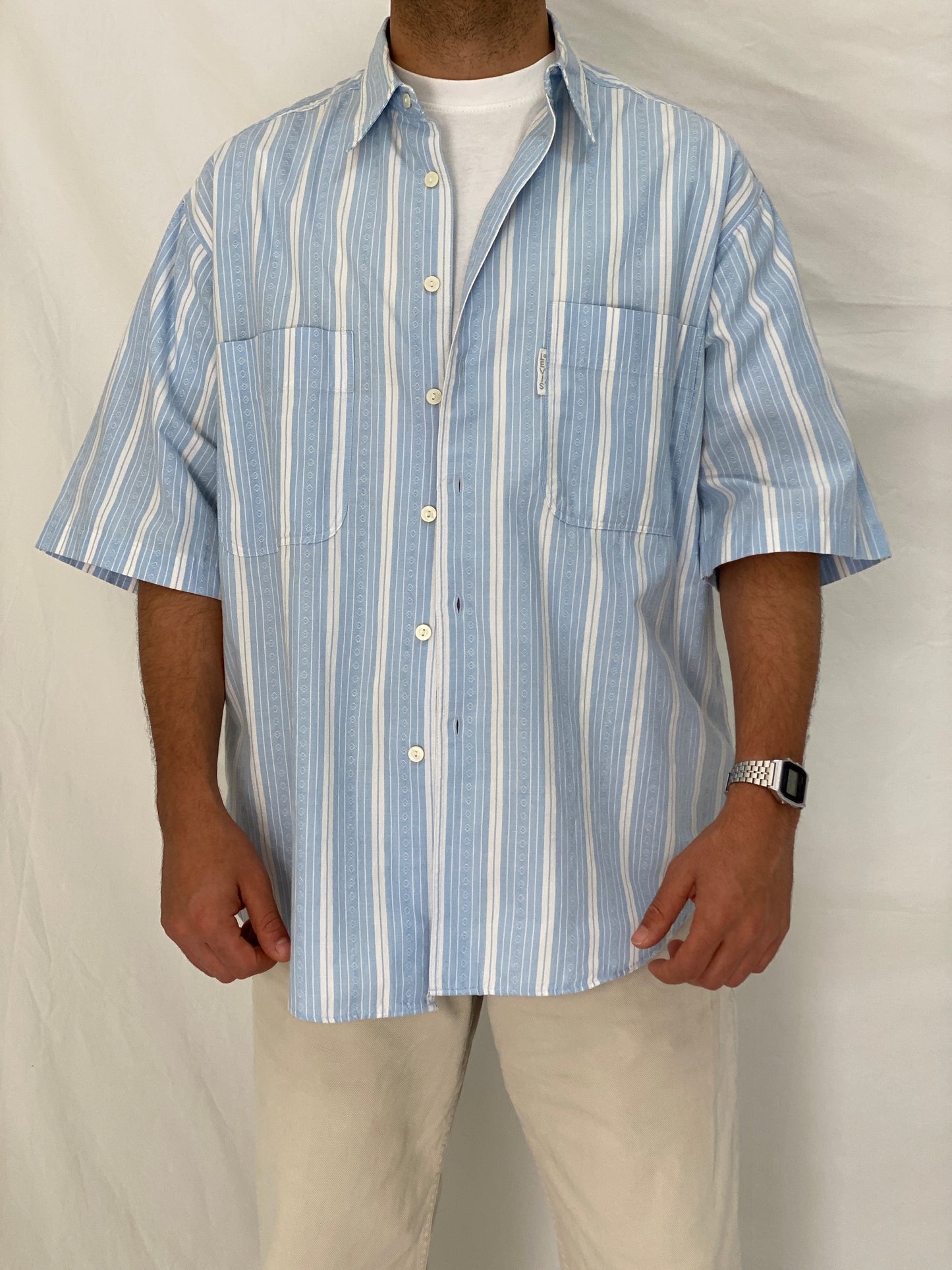 Vintage Levi’s Silver Label Blue Striped Short Sleeve Shirt Oversized 90s Minimal Button Up - L