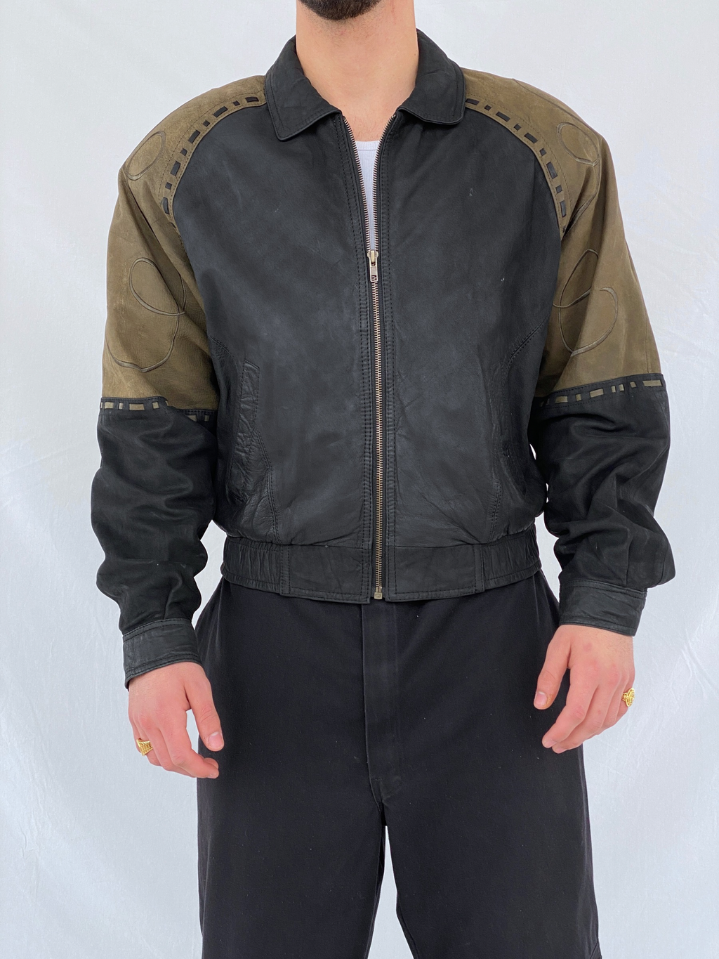 Vintage 90s IOU MCMXC Euro Mode Men’s Black Green Shoulder Patch Leather Bomber Jacket - S