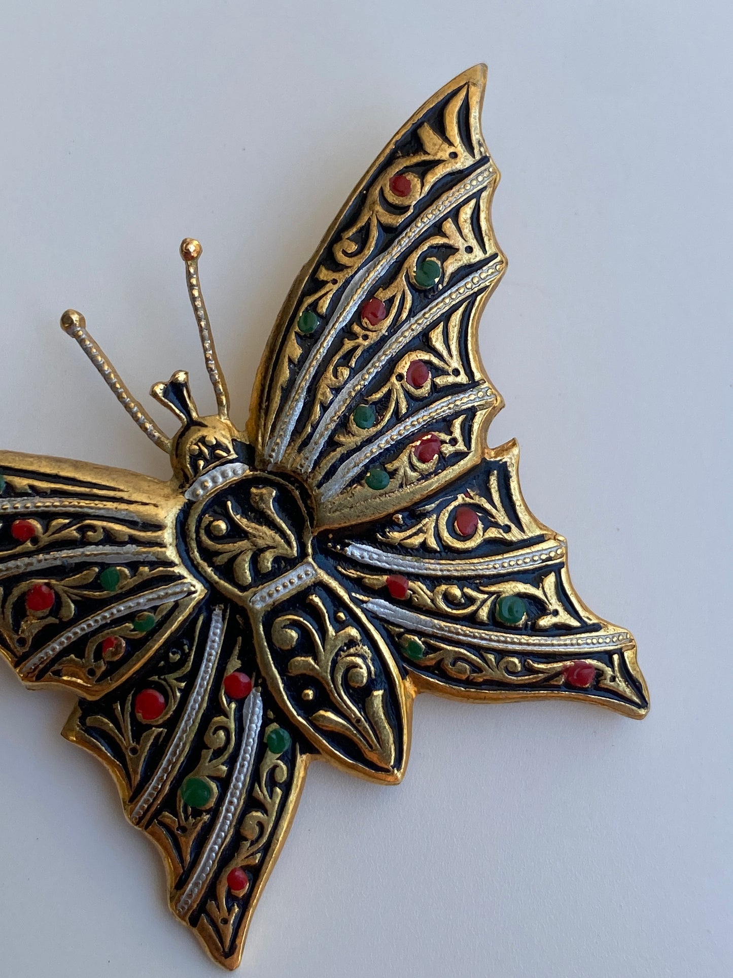 Vintage Spanish Damascene Style Butterfly Brooch Gold & Black Enamel Floral Pin