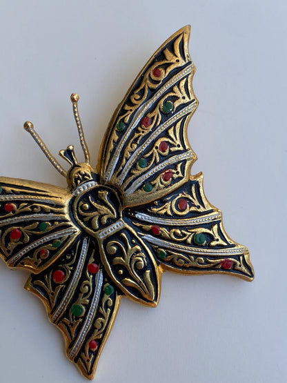 Vintage Spanish Damascene Style Butterfly Brooch Gold & Black Enamel Floral Pin