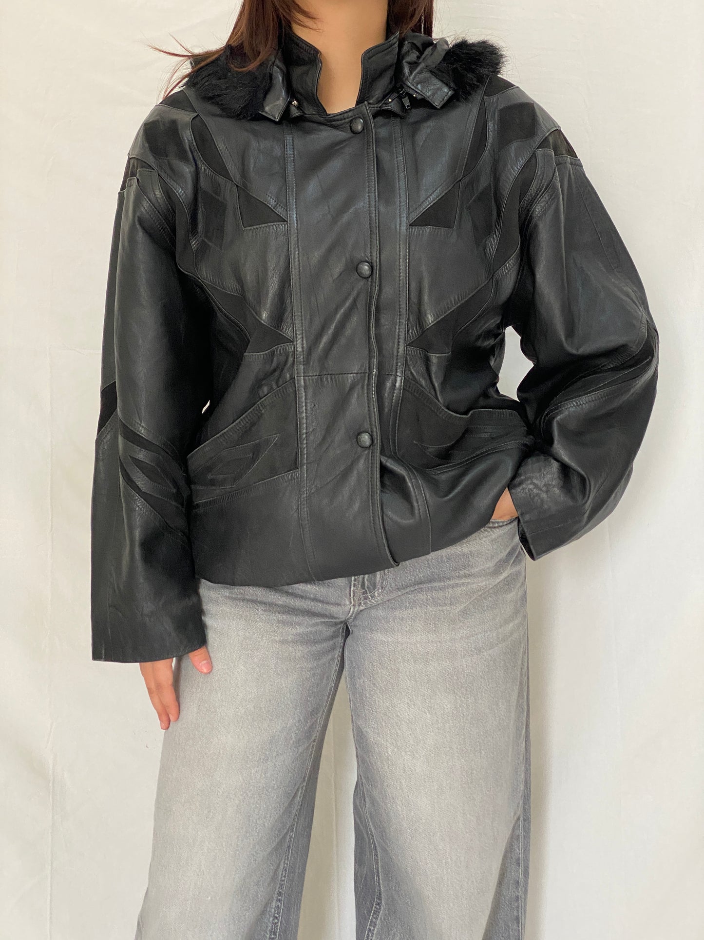 Vintage Black Leather Hooded Jacket with Suede Panels & Faux Fur Trim 90s Italian Style Bomber - L