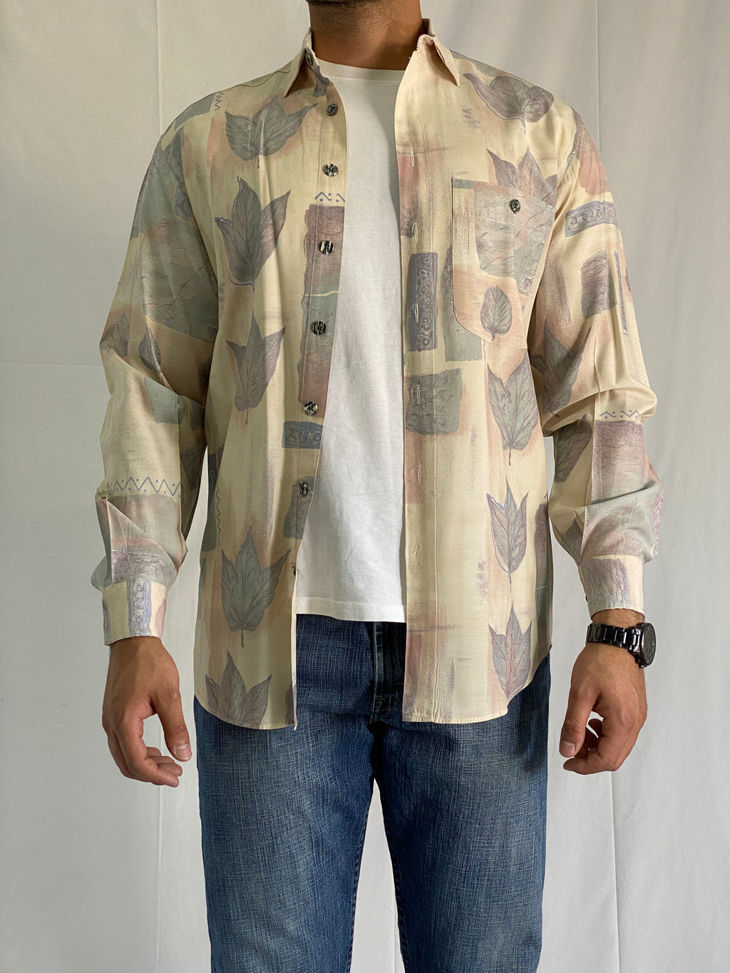 Vintage 90s Club D’Amingo Beige Abstract Leaf Print Men’s Long Sleeve Shirt - L