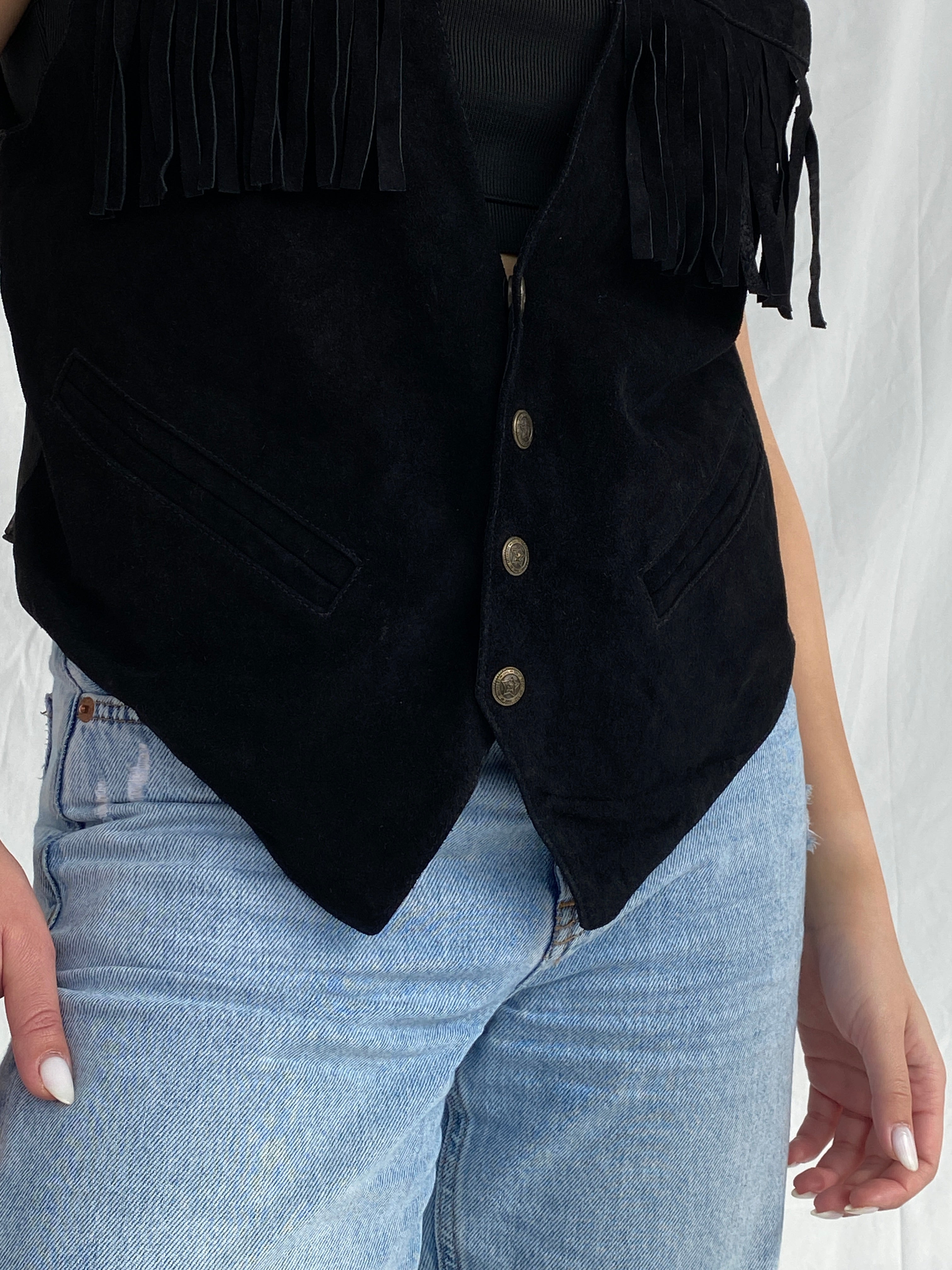 Vintage Copy Richt Concept Cowgirl Black Suede Fringed Women’s Boho Western Vest - M